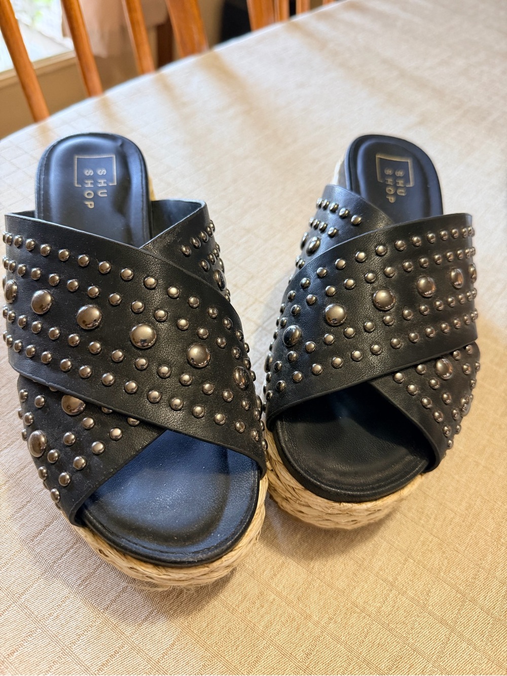 ShuShop Black Studded Crossband Espadrille Mule